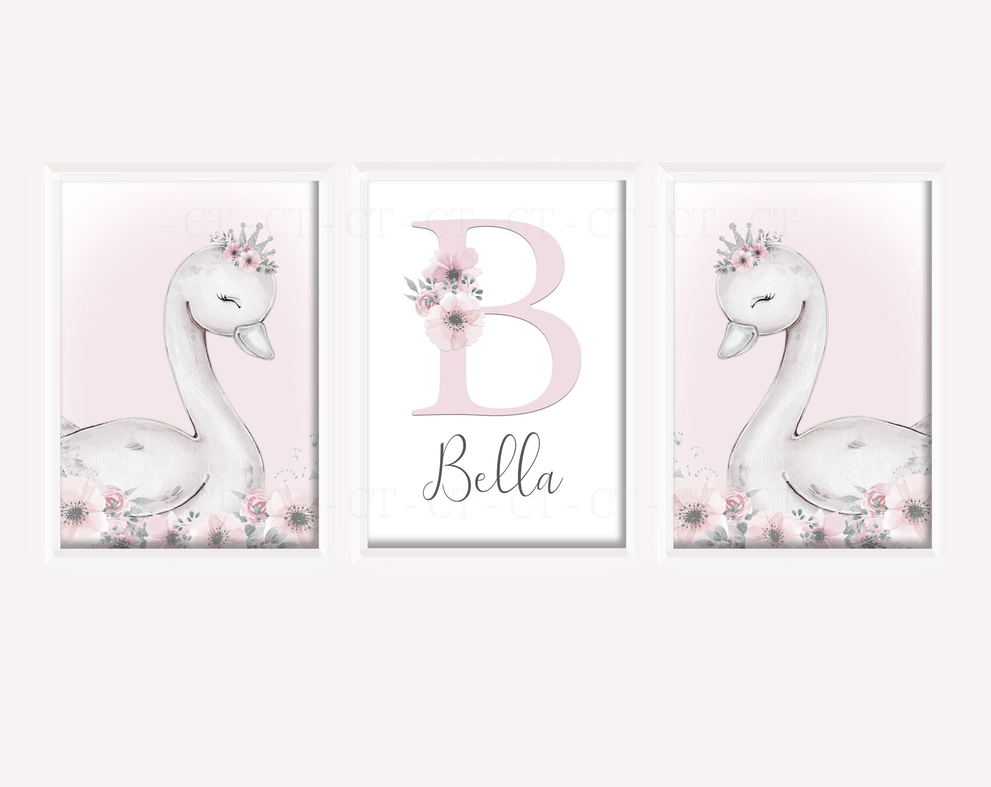Swan Princess Girls Room A4 or A3 Nursery Set of Unframed Personalised ...