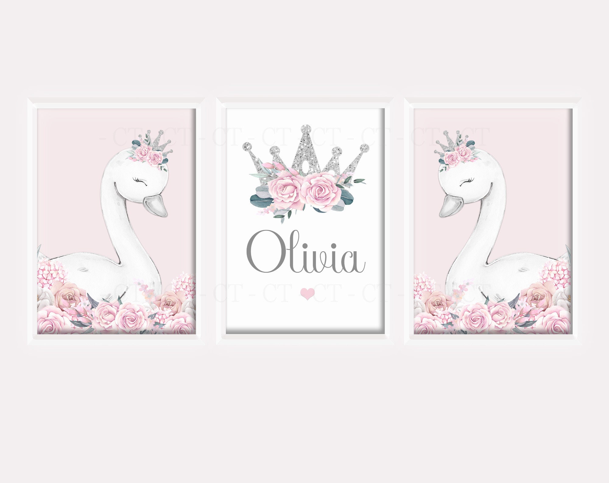 Swan Princess Girls Room A4 or A3 Nursery Set of Unframed Personalised ...