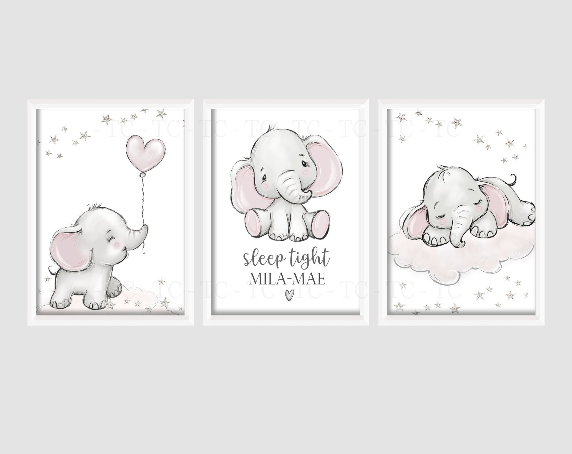 Baby Elephant Girls A4 or A3 Nursery Set of Unframed Prints Grey Pink ...