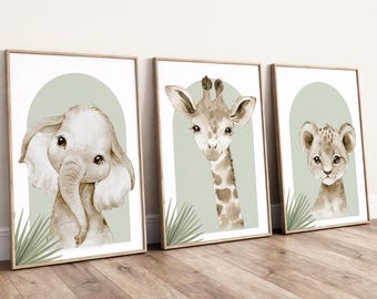 Safari Elephant Giraffe Lion Animal Baby | Set Of Unframed Nursery Prints | Unisex Neutral
