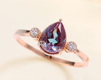 Bridal vintage alexandrite ring, Proposal engagement ring for her, rose gold statement wedding ring, art deco alexandrite unique woman ring