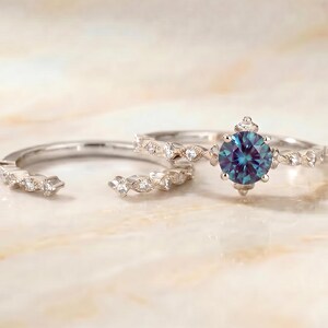Bridal Ring set, White Gold Wedding band, Color Changing Alexandrite Engagement Ring