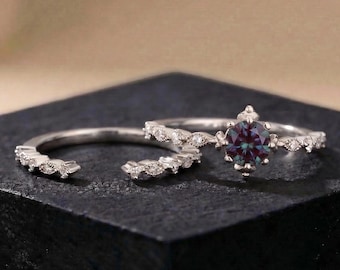 ブライダルリングセット、ホワイトゴールドの結婚指輪、色が変わるアレキサンドライトの婚約指輪