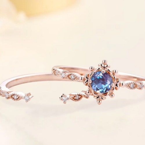 Vintage Alexandrite Engagement Ring Set Rose Gold Minimalist - Etsy