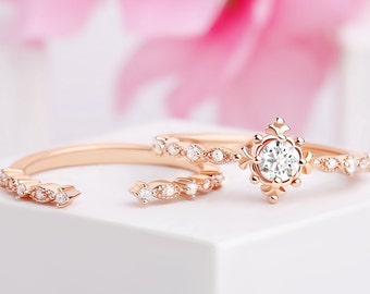 Unique moissanite engagement ring set, moissanite bridal ring for her, marriage rin, proposal statement rose gold ring set