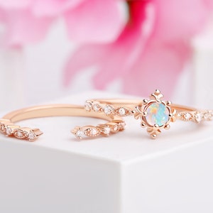 Unique Opal engagement ring, ring set, Unusual wedding ring set for woman, Opal wedding ring set, Unique engagement ring set, Bridal set her