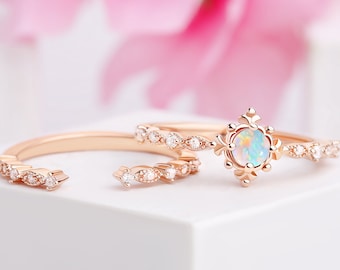 Unique Opal engagement ring set woman, Unusual branch wedding ring set for woman, White Opal wedding ring set,Unique engagement ring set,