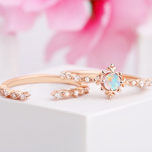 Unique Opal engagement ring set woman, Unusual branch wedding ring set for woman, White Opal wedding ring set,Unique engagement ring set,