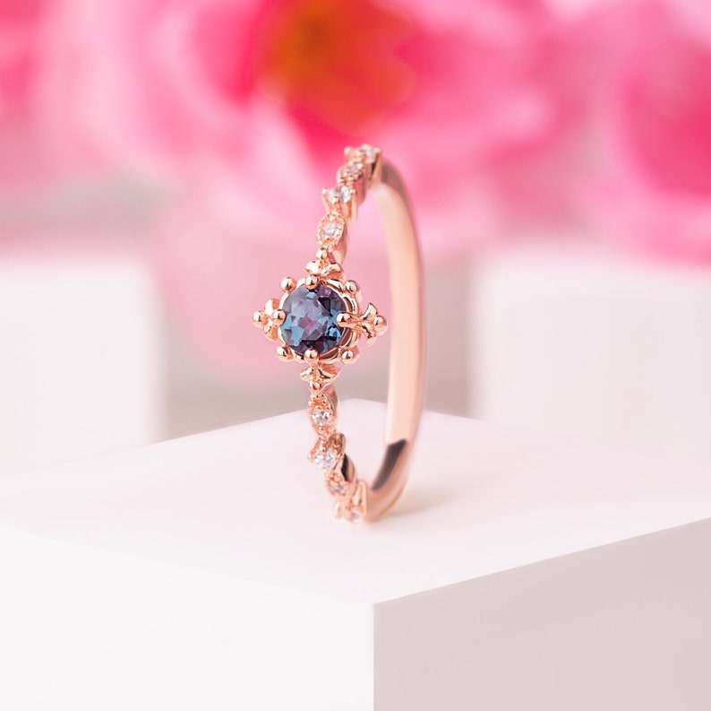 Vintage Alexandrite Engagement Ring, Rose Gold wedding Ring, Antique Oval shaped Bridal ring, unique promise proposal ring, dainty ring her image 4