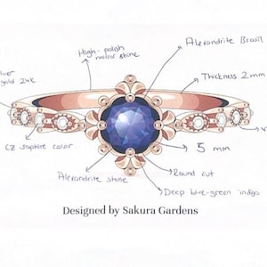 以下が含まれることがあります： 「The Luna」と名付けられたリングの詳細なスケッチ。リングは、深青緑色のインディゴアレキサンドライトストーン（丸型、直径5mm）を、ローズゴールドのバンドにセットしています。デザインには、CZサファイアカラーのアクセントとヴィンテージラインが含まれています。リングの厚さは2mmで、925シルバーと2ミクロンの24Kゴールドで作られています。