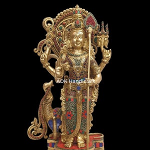 Brass Kartikeya Statue, 21&quot; Inch Big Large Brass Lord Murugan Idol, Karthikeyan Figure Large, Karthikeya Murty, Muruga Morti, Big Kartik Ji