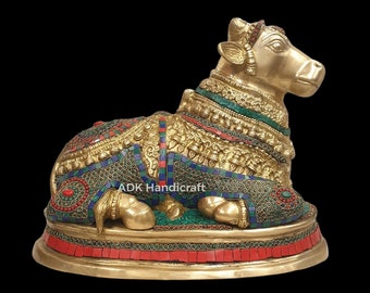 Brass Nandi Sculpture with Stonework, 16" Inch Big Large Gatekeeper of Shiva & Parvati, God Nandi Statue Sacred Bull, Shiv Sevak, Home Decor