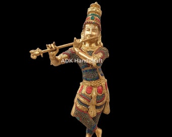 Brass Big Krishna Statue, 23" Inch Large Lord Krishna Idol in Brass With Stone Work Krishan, Krishna Ji Murti Home Temple Home Decor Figure