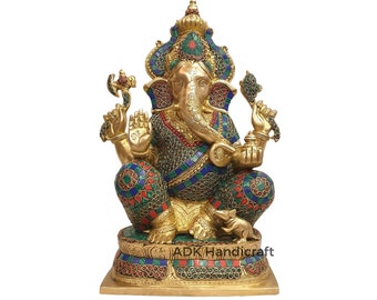 Big Brass Ganesha Statue, 16" Inch Large Brass Lord Ganesha Idol With Stone Work, Ganesh Sculpture, Ganesh Murti Mandir Home Entrance Decor