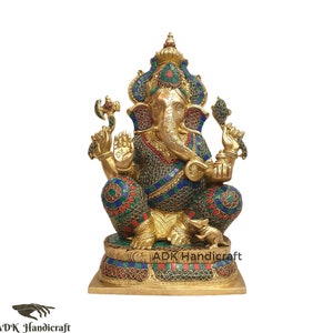 Big Brass Ganesha Statue, 16&quot; Inch Large Brass Lord Ganesha Idol With Stone Work, Ganesh Sculpture, Ganesh Murti Mandir Home Entrance Decor