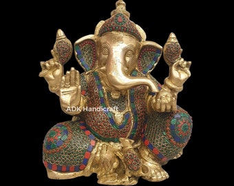 Brass Ganesha Statue Big, 13" Inch Large Lord Ganesha Idol in Brass with Stone Work Vinayaka , Ganapathi Figurine Temple Home Entrance Decor