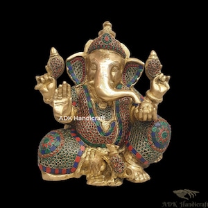 Messing Ganesha standbeeld groot, 13&quot; inch grote Lord Ganesha Idol in messing met stenen werk Vinayaka, Ganapathi beeldje tempel huis ingang decor