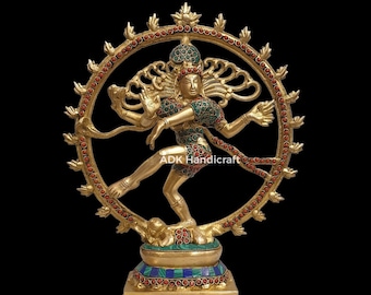 Brass Natraj Statue, 13.5" Inch Big Large Dancing Shiva Nataraja Murty With stone Work, Brass Siva Natraja Idol, Lord of Dance Shiv Nataraj