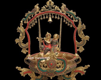 Brass 23" Inch Big Urli Radha Krishna on a Swing vessel Urli With Stone Work, Traditional Home Decor Urn, Indian Uruli Bowl Religious Decor
