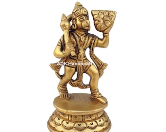Lord Hanuman Statue aus Messing mit Sanjivani Berg, 4 "Zoll Feines Messing Hanuman Idol mit Sanjeevani Parvat Morti, Bajrangbali ji Murti