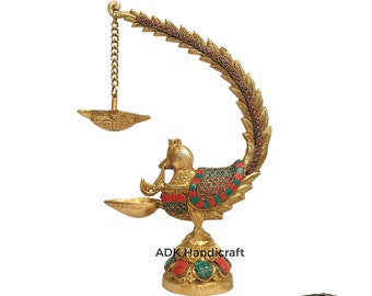 Brass Big Annam Bird Diya Set, 12" Inch Large Brass Deepak diya Pair With Stone Work, Oil Wick Diya, Indian Home Decor Lamp for Pooja Temple