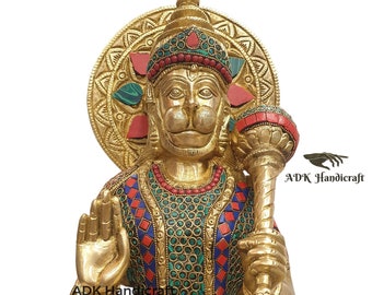 Brass Big Hanuman Statue, 15" Inch Large Lord Hanuman Idol with Stone Work, Hindu Monkey god of Devotion, Strength, Celibacy,Bhakti,Hanumana