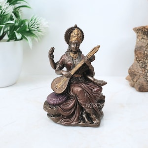 Saraswati Statue, Sarasvati Statue, 8 CM Bonded Bronze Goddess Saraswati Statue. Hindu goddess of Arts, Music, Knowledge, Wisdom & Learning.