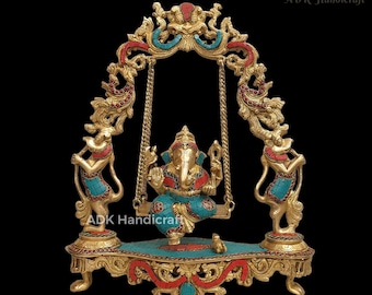 Brass Big Swinging Ganesha Statue with Stonework,18" Inch large Lord Ganesh Statue Jhoola,Jhula Ganesha Murti,Swing Ganesh,Home Temple Decor