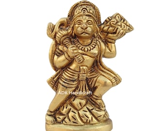 Hanuman-Statue aus Messing mit Sanjivani-Berg, 4 "Zoll kleiner feiner Messing-Lord Hanuman-Idol, der Sanjeevani Parvat, Bajrangbali Murti Morti . trägt