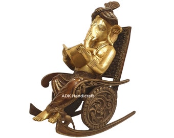 Brass Ganesha Statue 16.5" Inch Big Modern Ganesh Reading book on Rocking Chair Idol, Resting Ganesha Statue for Religious Home office Decor