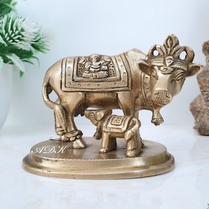 Brass Kamdhenu Cow Statue, Cow With Calf Idol, Brass, Good Luck Cow, Animal Figurine, House Warming Gift, Holy Cow Statue, Lucky Cow, Gift