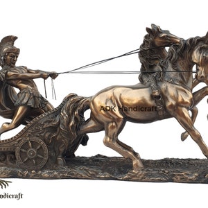 Carro romano con estatua de caballos, estatuilla de carro de gladiador romano de bronce consolidado de 10 pulgadas, escultura de carreras de carros romanos antiguos, regalos