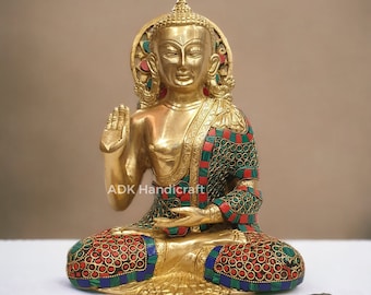 Brass Buddha Idol, 10" Inch Big Buddha Statue in Brass With Stone Work, Gautam Buddh Figure,Buddhist Temple Altar Home Meditation Decor idol