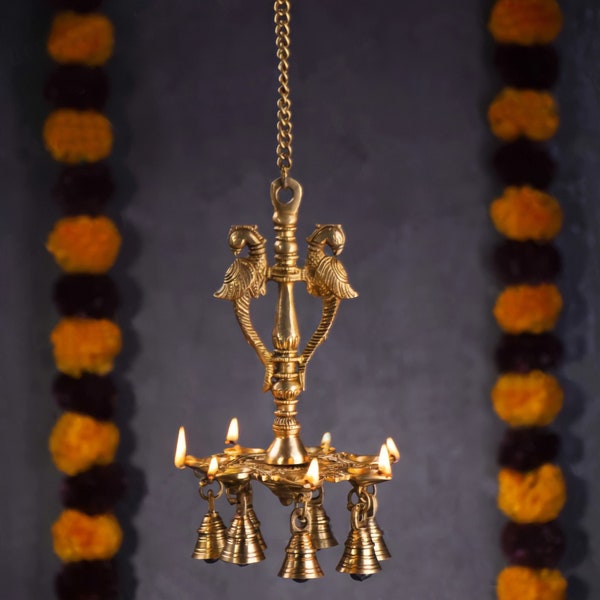 Brass Hanging Diya with Bells- 25" Inch, Brass Oil Lamp for Home Temple, Traditional Indian Oil Wick Deepak, Parrot Design Handcrafted Diyas