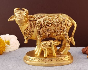 Kamdhenu Cow idol Brass, 5" Inches Kamdenu Cow With Calf idol, Good Luck Cow, Lucky Cow Statue, The Cow of Wishes & Desires, Divine Gifts