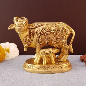 Kamdhenu Cow idol Brass, 5&quot; Inches Kamdenu Cow With Calf idol, Good Luck Cow, Lucky Cow Statue, The Cow of Wishes & Desires, Divine Gifts