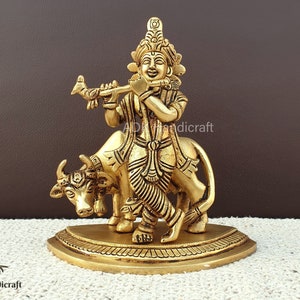 Krishna Statue in Brass, 5.5&quot; Inch Big Lord Krishna Idol, Brass Krishna With Cow, Holy Cow Krishna Murti, Krishna Bhagwan, Indian God,Vishnu