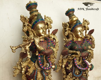 30" Inch Large Radha Krishna Statue in Brass with mosaic Stonework, Big Brass Radha Krishna Sculpture, Radhakrishna Figure, Divine couple