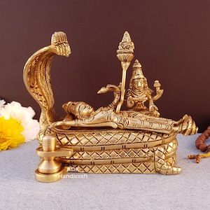 Brass Lord Vishnu Laxmi Padmanabha Swami Statue, 6&quot; Inch Lakshmi Narayan Idol on Sheshnag, Padmanabhaswamy murti, Lord Vishnu Narayan Statue