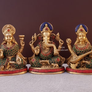 Lakshmi Ganesh Saraswati Statue, 5.5&quot; Inch Brass Laxmi Ganesh Saraswati idols, Goddess Lakshmi Statue, Lord Ganesha Statue, Saraswati Statue