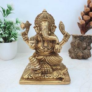 Lord Ganesha Brass Statue, 5.7&quot; Inch, Ganesh Statue, Pure Brass, Ganapati, Vinayak, Hindu Elephant God & Good Luck gift For New Beginnings.