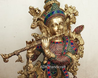 Krishna Statue in Brass, 30" Inch Big Brass Krishn Idol With Stonework, Large Krisna Murty For Home Entrance Decor & Hindu Marriage Gifts