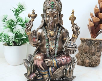 Ganesha Statue, 18 CM Bonded Bronze Lord Ganesh Idol on Louts, Ganapati,Vinayak. Elephant Headed Hindu God of good luck & new beginnings.