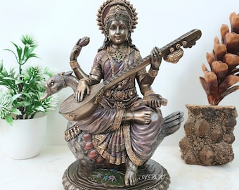 Saraswati Statue, Sarasvati Statue, 21 CM Bonded Bronze Goddess Saraswati on Swan. Hindu Goddess of Knowledge,Music,Art,Wisdom & Education.