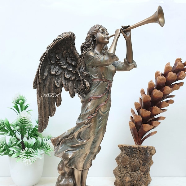 Statue d'ange trompette musicien, statue d'ange 26 cm, ange musicien, ange jouant de la trompette soufflé par le vent, ange en bronze reconstitué, femme jouant de la trompette