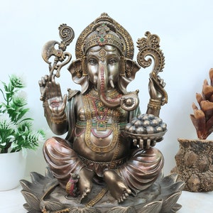 Ganesha Statue, 25 CM Bonded Bronze Lord Ganesh Statue on Lotus, Ganapati, Vinayaka. Hindu Elephant God & Good Luck gift For New Beginnings.
