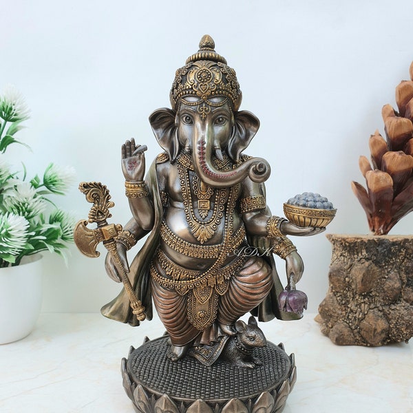 Ganesha Standbeeld, Ganesh Standbeeld, 19 CM Gebonden bronzen staande Ganesha met muis, Ganapati, Vinayaka. Hindoeïstische God van geluk en nieuw begin.