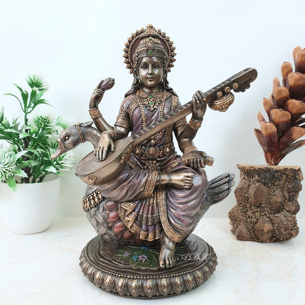 Saraswati Statue, Sarasvati Statue, 21 CM Bonded Bronze Goddess Saraswati on Swan. Hindu Goddess of Knowledge,Music,Art,Wisdom & Education.