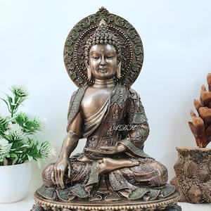 Buddha Idol, 27 CM Big Bonded Bronze Earth Witness Shakyamuni Buddha Statue, Siddharth Gautam, Buddhist Temple Altar Meditation Room Decor.