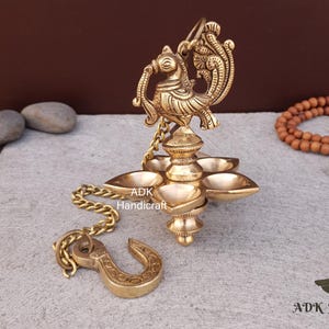 Brass Hanging Diya with Chain- 20&quot; Inch, Brass Oil Lamp for Home Temple, Traditional Indian Oil Wick Deepak, Annam Bird Handcrafted Diyas